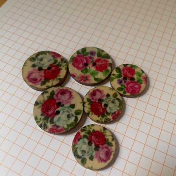 Vintage Floral Wooden Buttons (Set of 6) – 2-Hole, Cottagecore - Picture 2 of 2